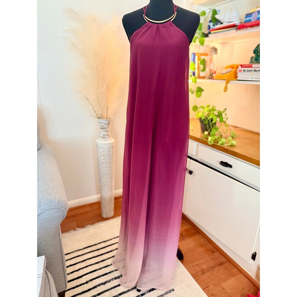 Ombre Maxi Dress Pink Purple Halter Neck | Chiffon Formal Evening Gown S Venus